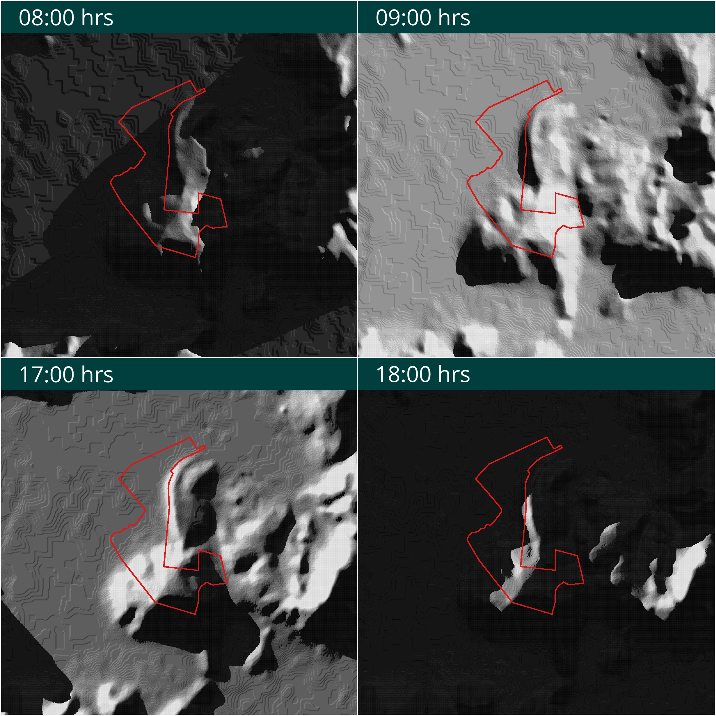 Lámina de asoleamiento y sombras topográficas en invierno.